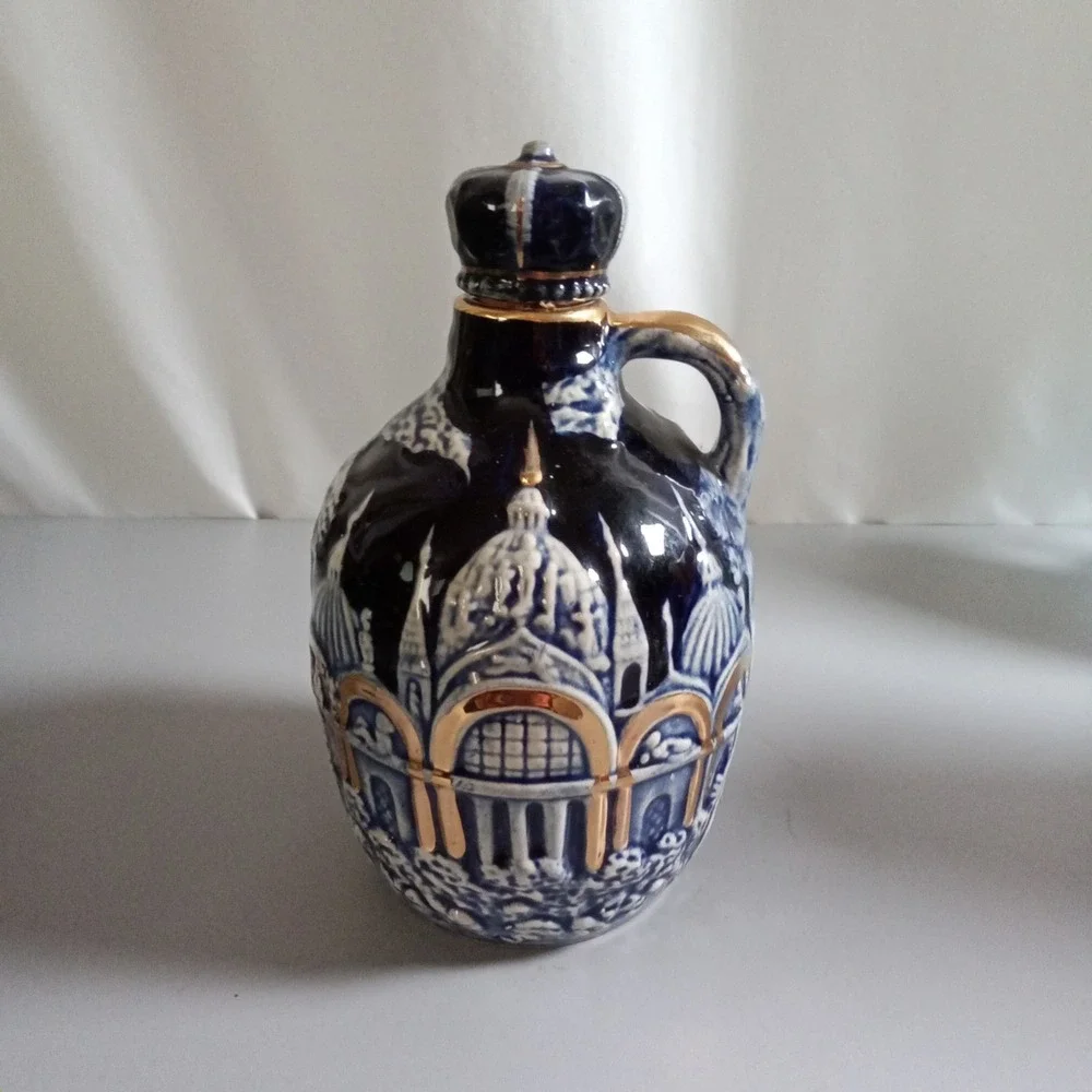 Vintage Tilso Japan Cobalt Blue Musical Decanter Crown Stopper Gold Trim 7.25